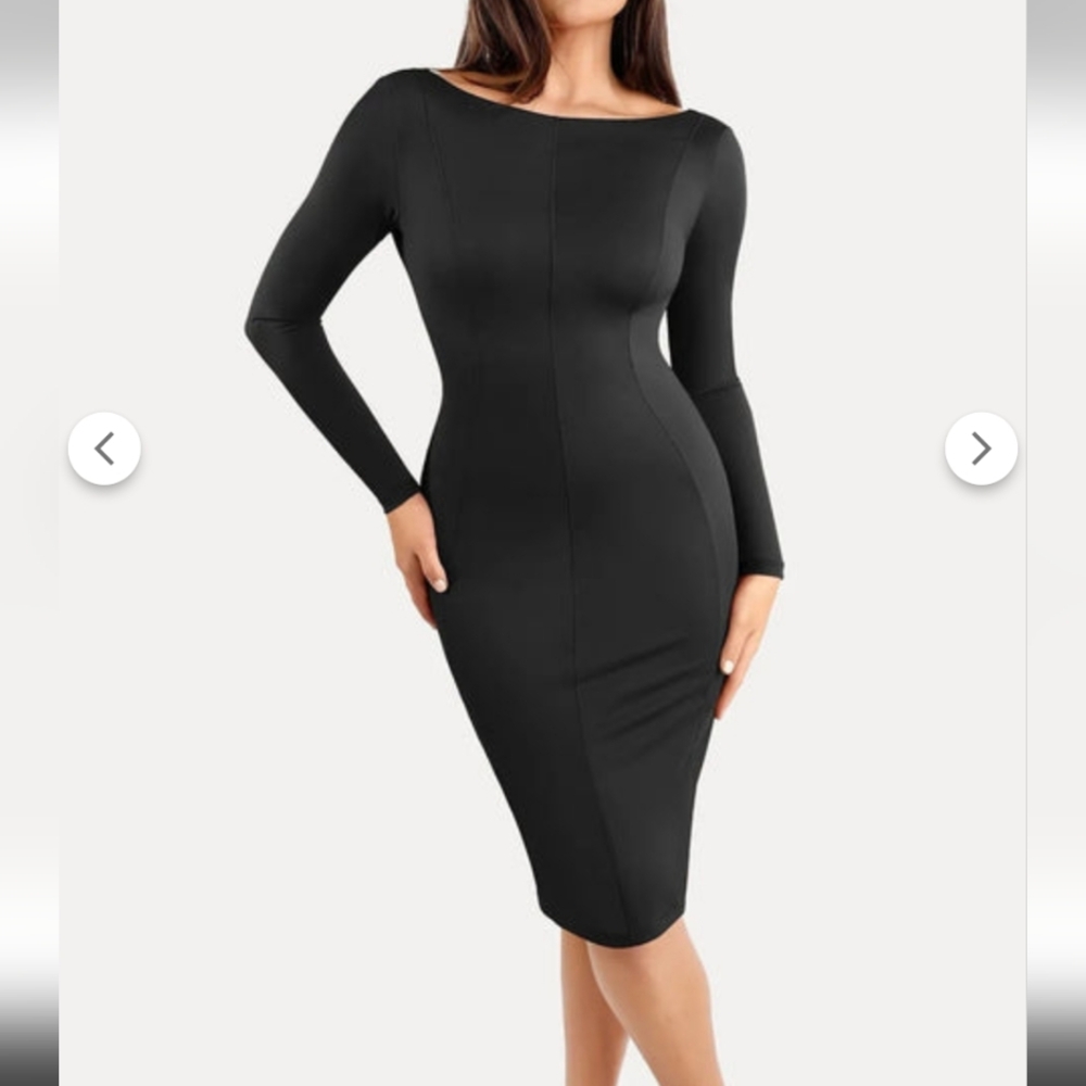 NWT Popilush Black Long Sleeve Boatneck Midi Low V Backless Shapewear Dress S